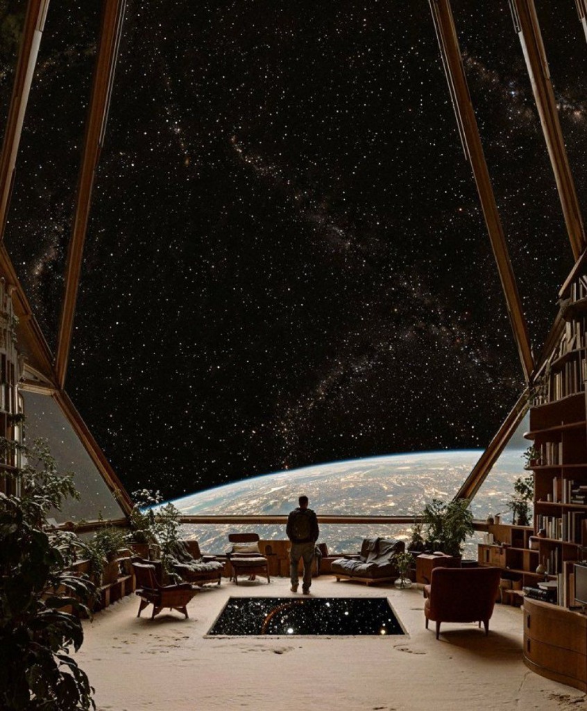 Cozy orbital cabin library overlooking Earth planet curvature